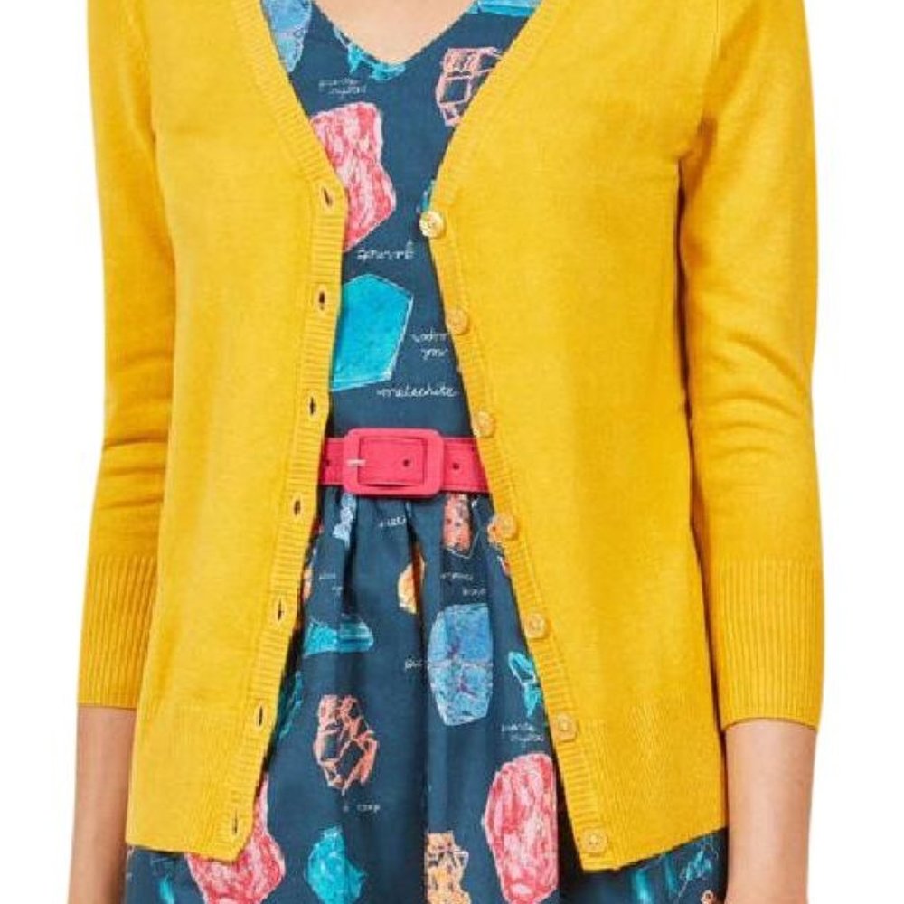 ModCloth charter school cardigan in mustard